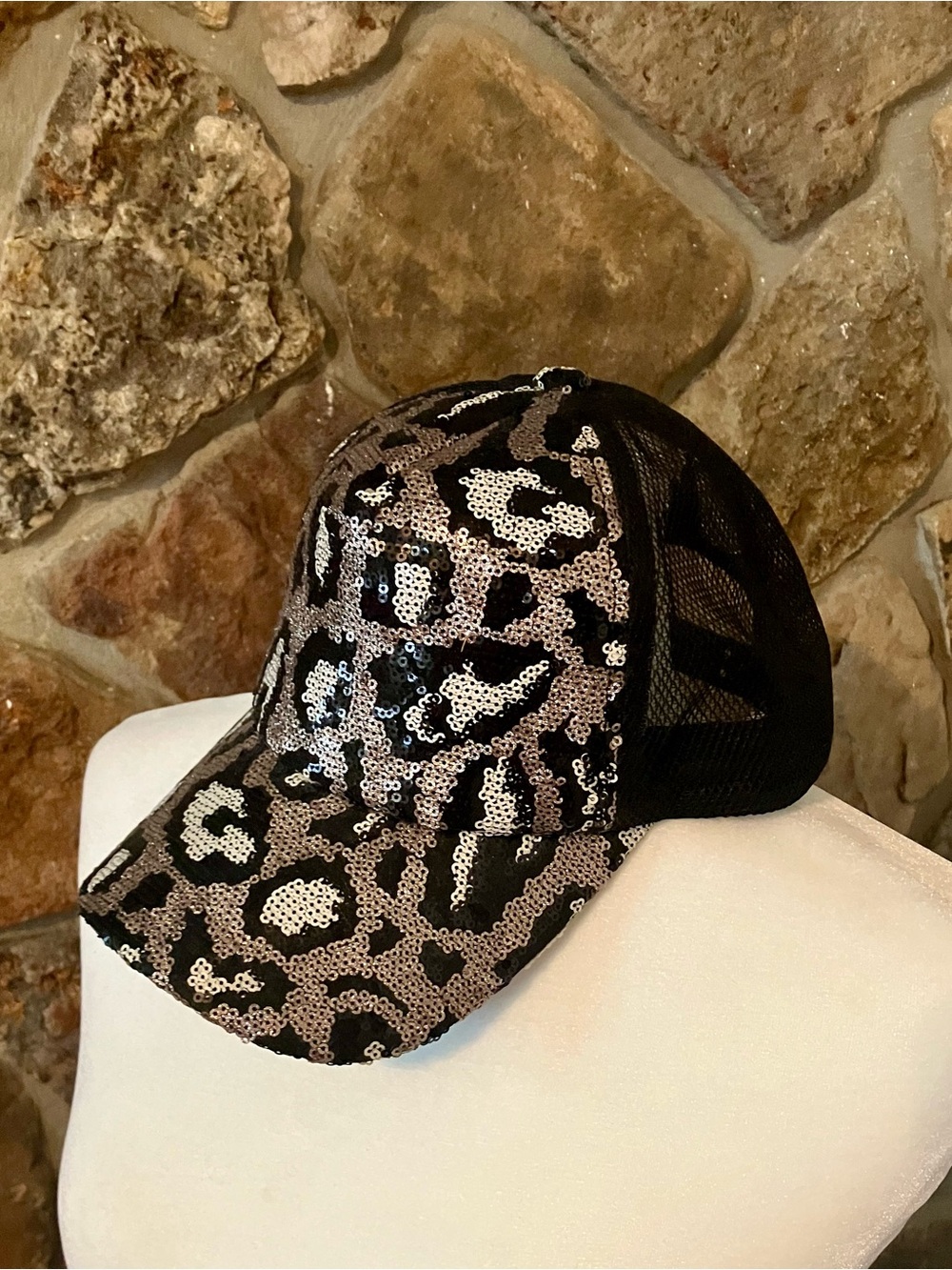 Sequin Leopard Mesh Trucker Hat - Black